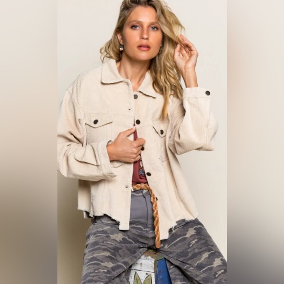 POL Women's Beige Corduroy Utility Jacket Oversized Raw Frayed Hem Jacket Size L - Picture 1 of 13